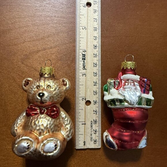 Vintage UT Teddy Bear Santa Stocking Christmas Ornaments Glass Hand Painted Y2K - Picture 5 of 7